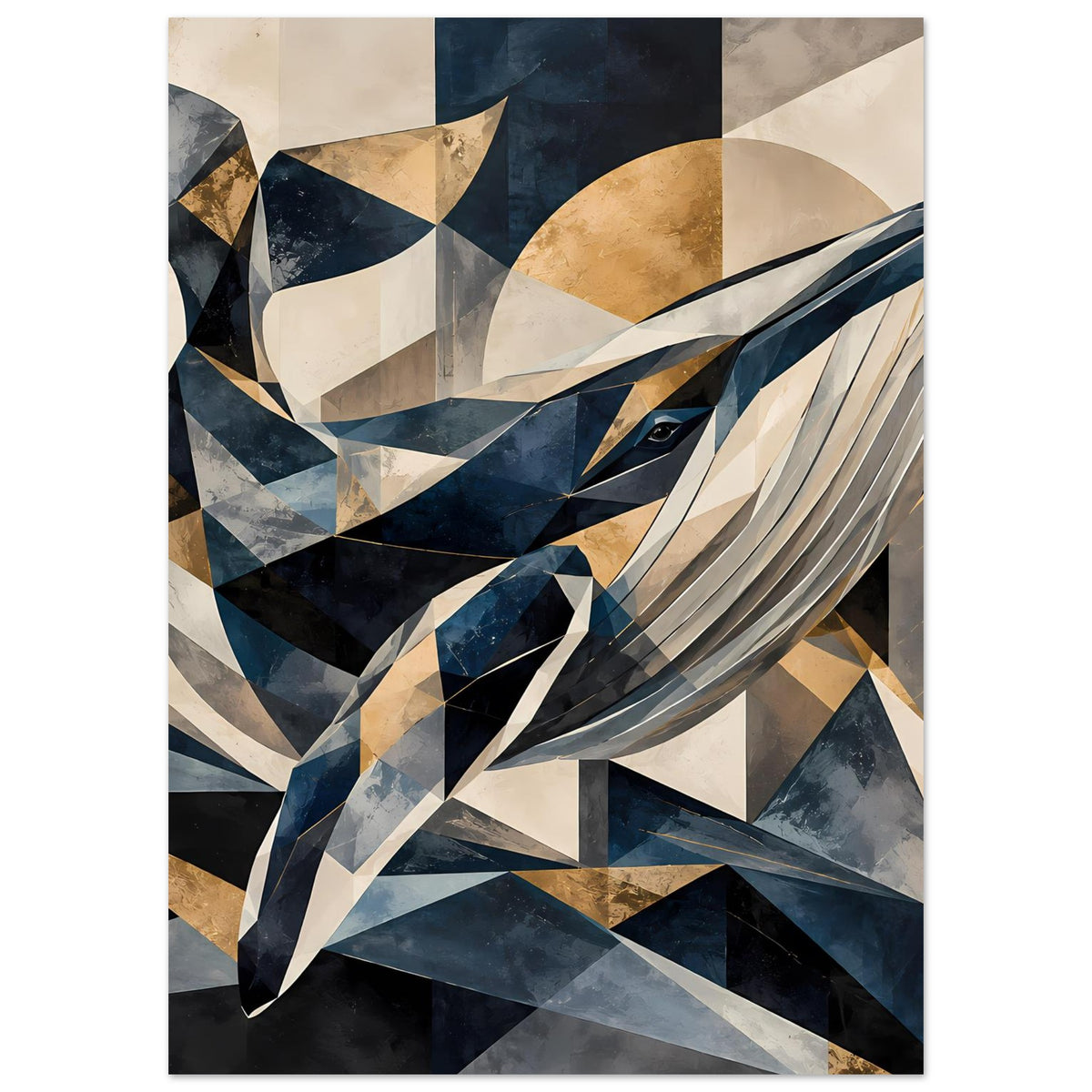 Geometrisches Wal-Poster: Walform aus Rauten in Blau, Gold und Creme