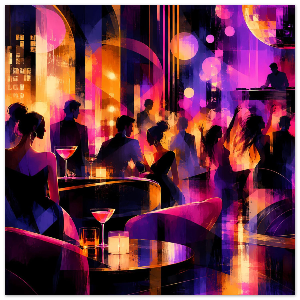 Querformat-Poster: Nachtclub mit Silhouetten, Cocktailgläsern und lila-orange Neonlicht