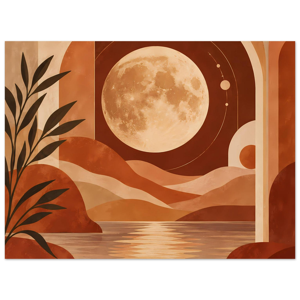 Boho-Poster mit Vollmond, Dünenwellen und Palmen, klare Linien und Bögen in Terrakotta