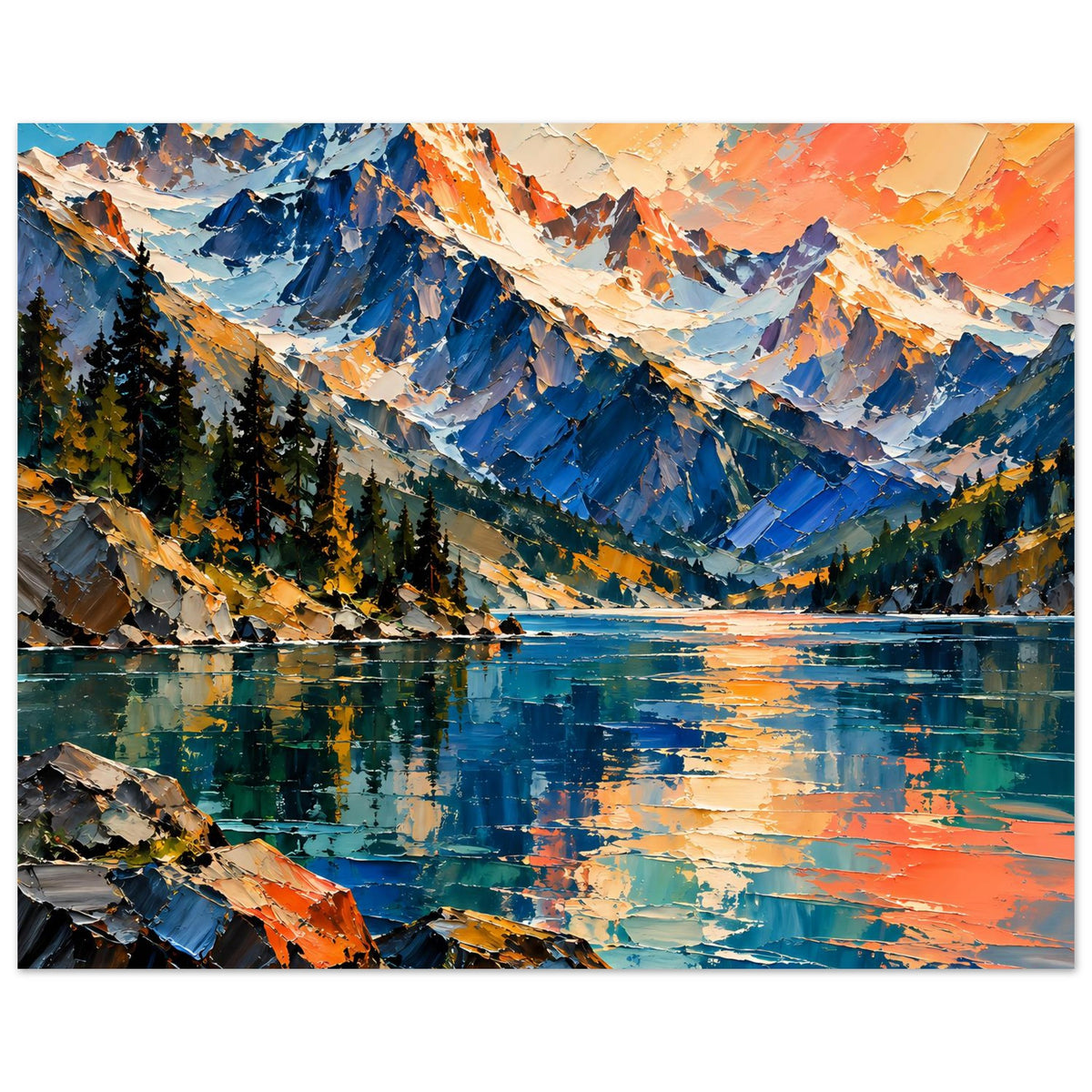 Poster mit Bergsee-Landschaft, breite Ansicht, blaue Berge, türkisblaues Wasser und warmes Orange
