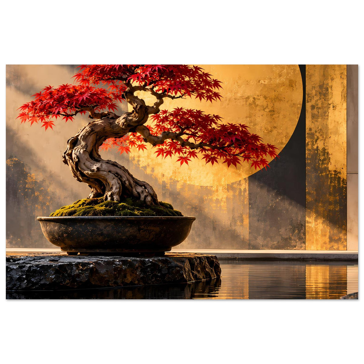 Bonsai-Poster mit rotem Ahorn, gedrehtem Stamm in Schale und goldfarbenem Kreis hinterlegt