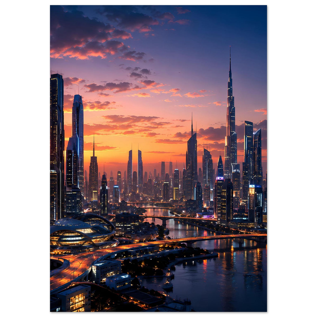 Poster mit Skyline bei Sonnenuntergang, Hochformat, gerahmter Druck
