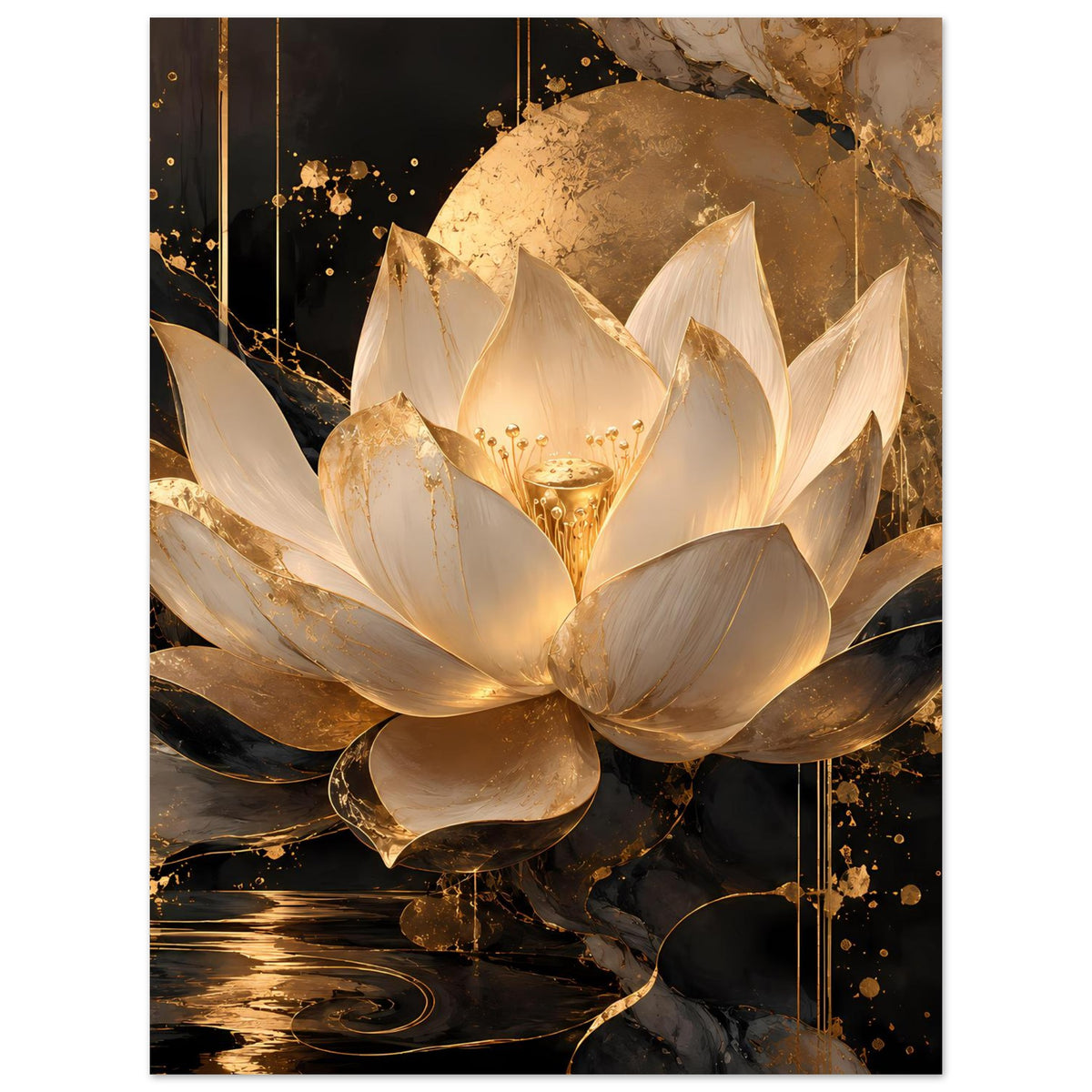 Poster mit Lotusblüte in Elfenbein und Gold, detaillierte Blütenblätter und helles Zentrum