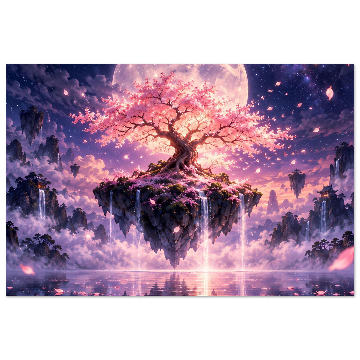 Querformat-Poster: Kirschblütenbaum mit rosa Blüten vor Mondschein am Himmel.