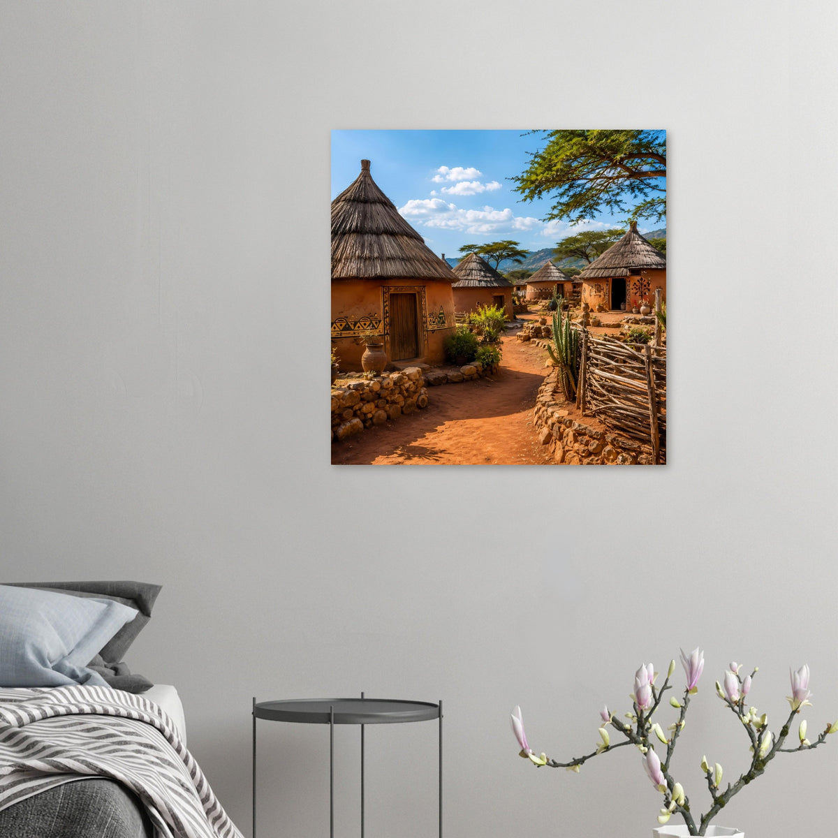 Wandposter mit afrikanischer Dorfszene, Lehmhütten, Strohdächern und Dorfweg
