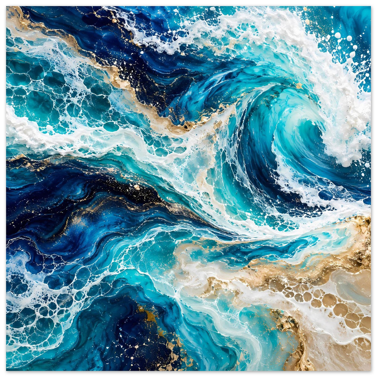 Abstraktes Meereswellenposter mit blauem Strudel, weißer Schaumbildung und goldenen Details