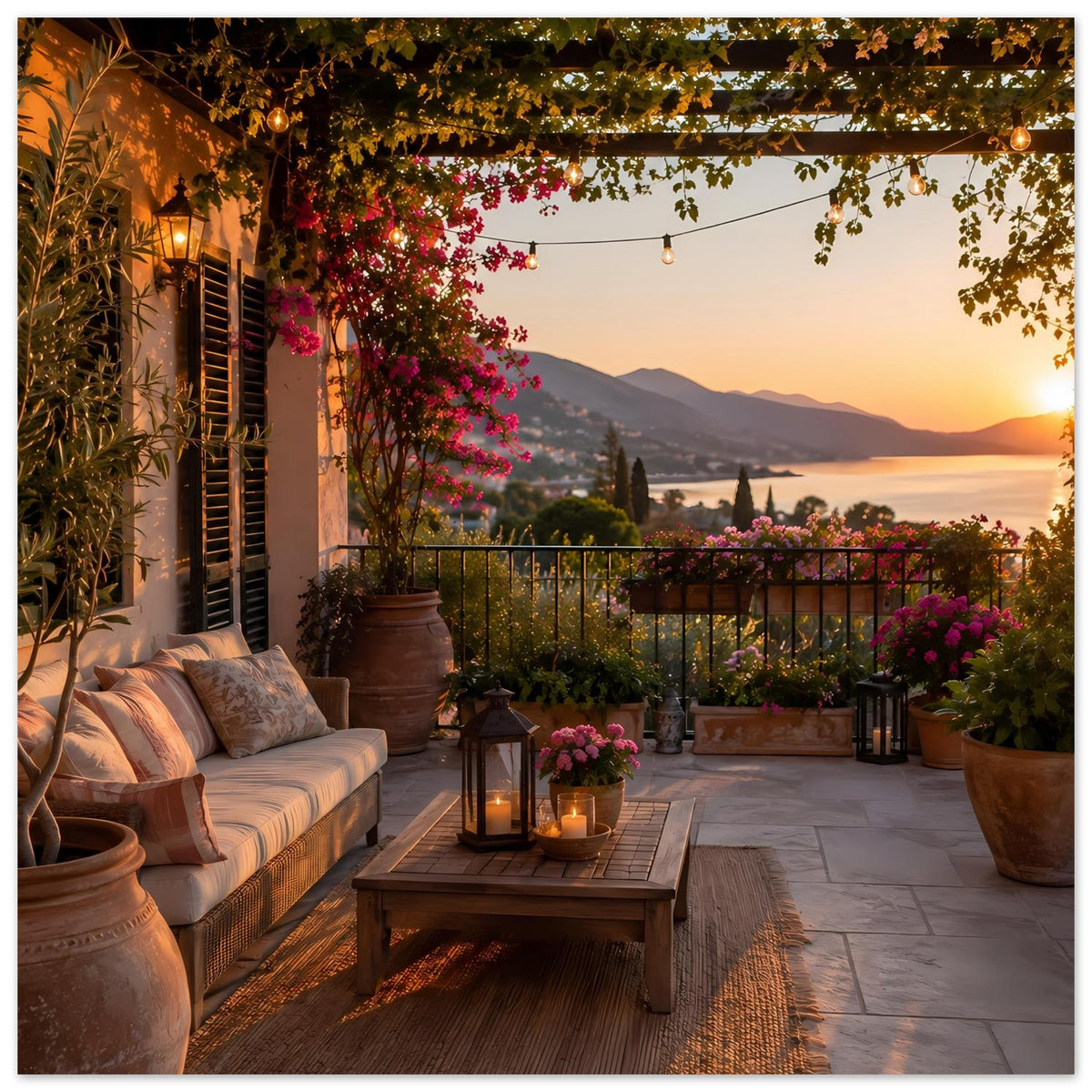 Poster (hochkant) mit mediterraner Terrasse bei Sonnenuntergang, Balkon mit warmen Lichtern und Blumen