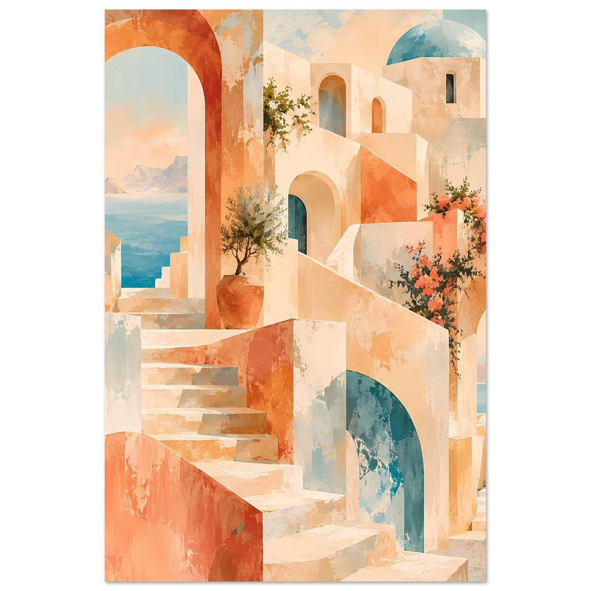 Wandposter im Hochformat mit warmen Pastelltönen, Treppe, Nischenbögen und blühender Pflanze