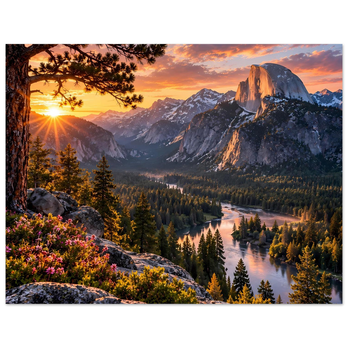 Wandposter mit Sonnenaufgang über Berglandschaft, Tannenwald, Felsen und Fluss