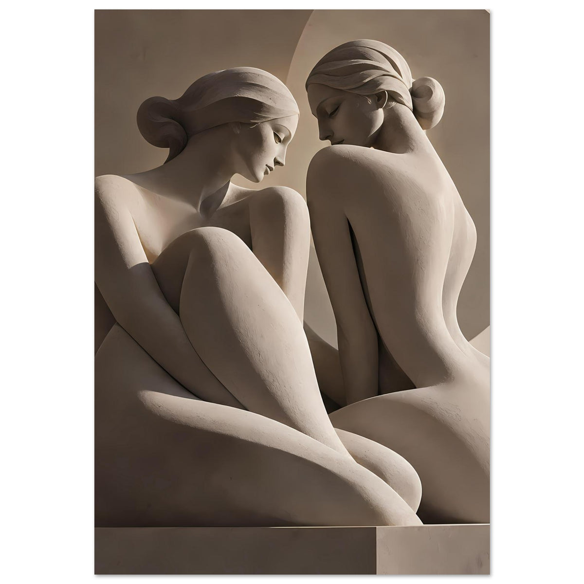 Kunstdruck mit zwei antiken Aktfiguren, sitzend und verschränkt, monochrom