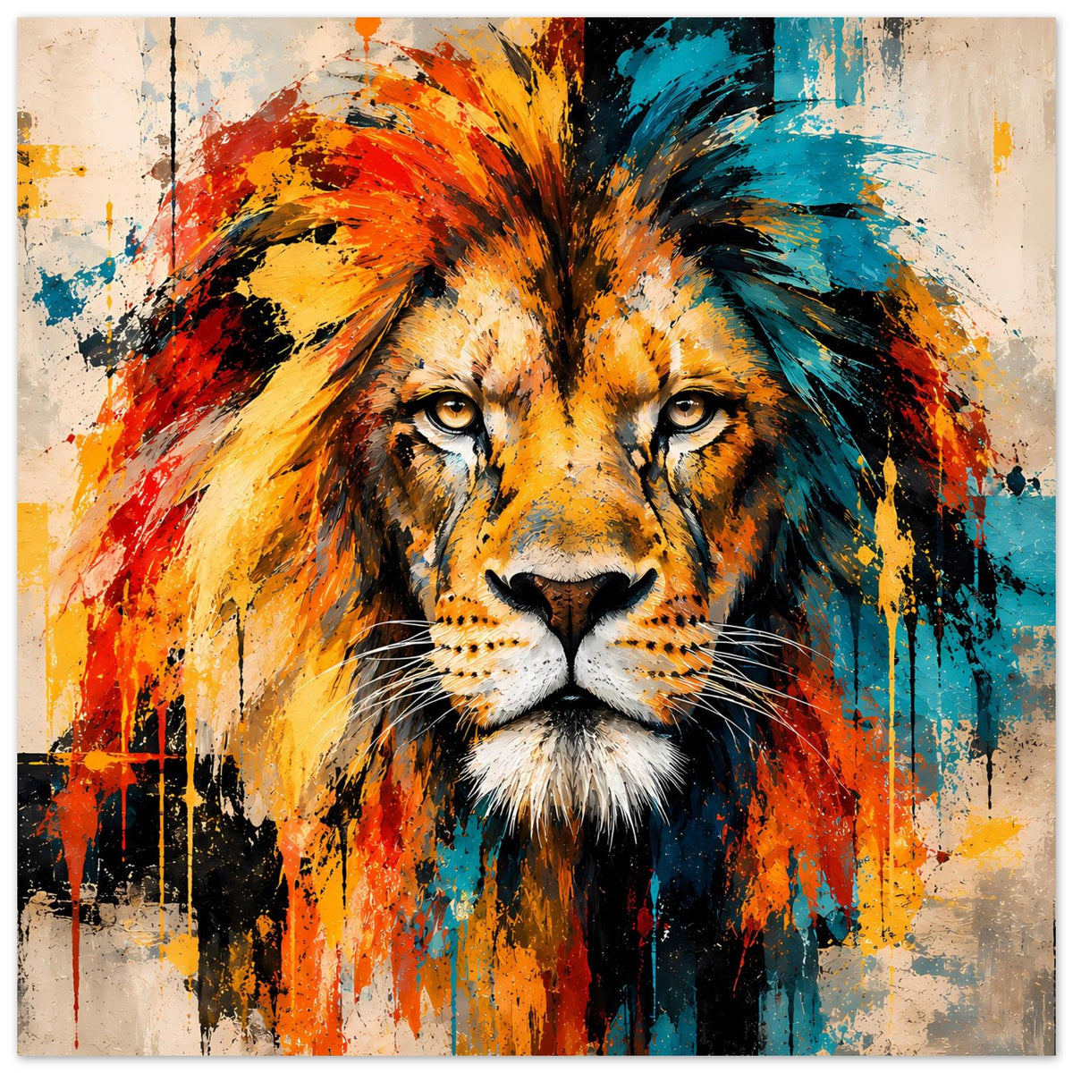 Löwenposter im Querformat mit Löwenkopf-Grafik, starke Spritzfarben, orange und blau