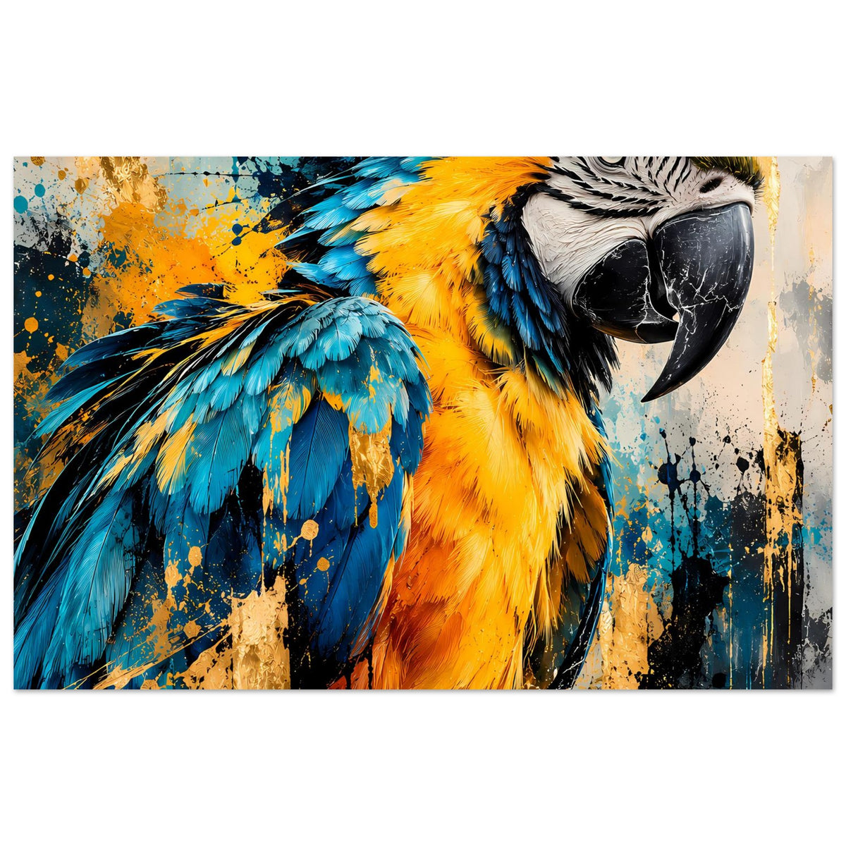 Kunstposter mit Papagei, gelb-blau gemusterten Federn und schwarzem Schnabel, horizontal