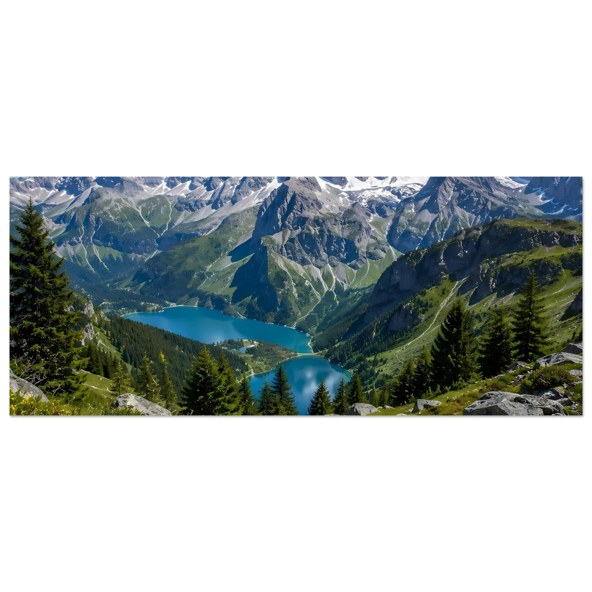 Alpenlandschaft-Poster, Querformat: Blick ins Tal mit Bergen, Nadelwald und blauem See