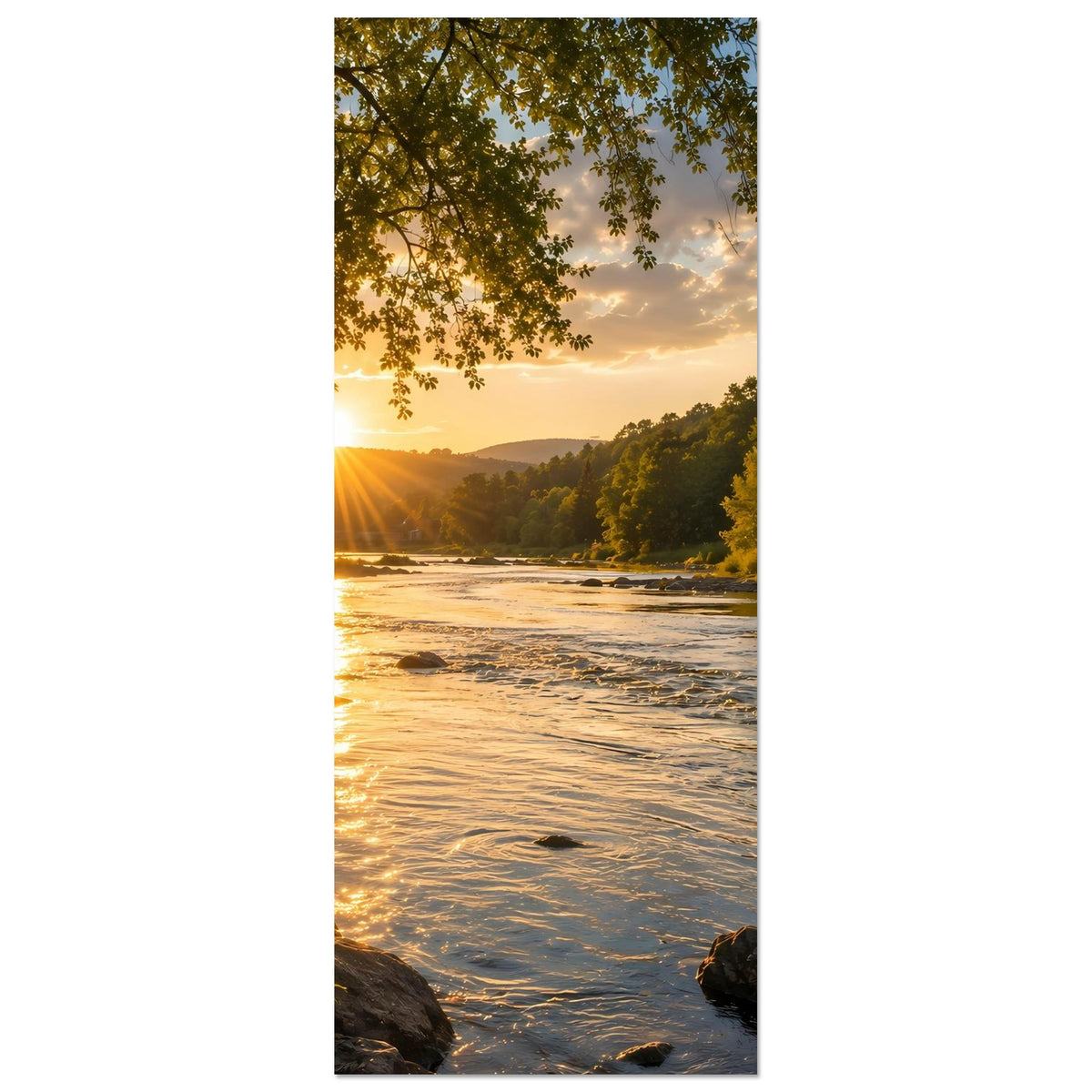 Vertikales Landschaftsposter mit Fluss und Sonnenuntergangslicht, schmaler schwarzer Rand