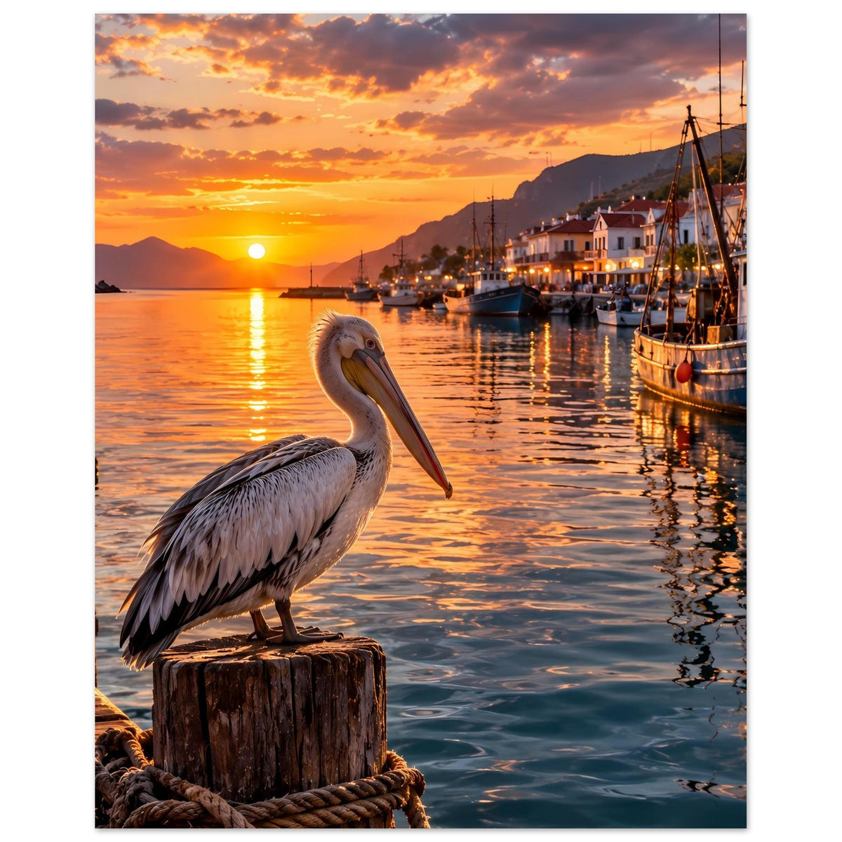 Premium-Poster: Pelikan auf Holzpfahl, Hafenstadt mit Sonnenuntergang