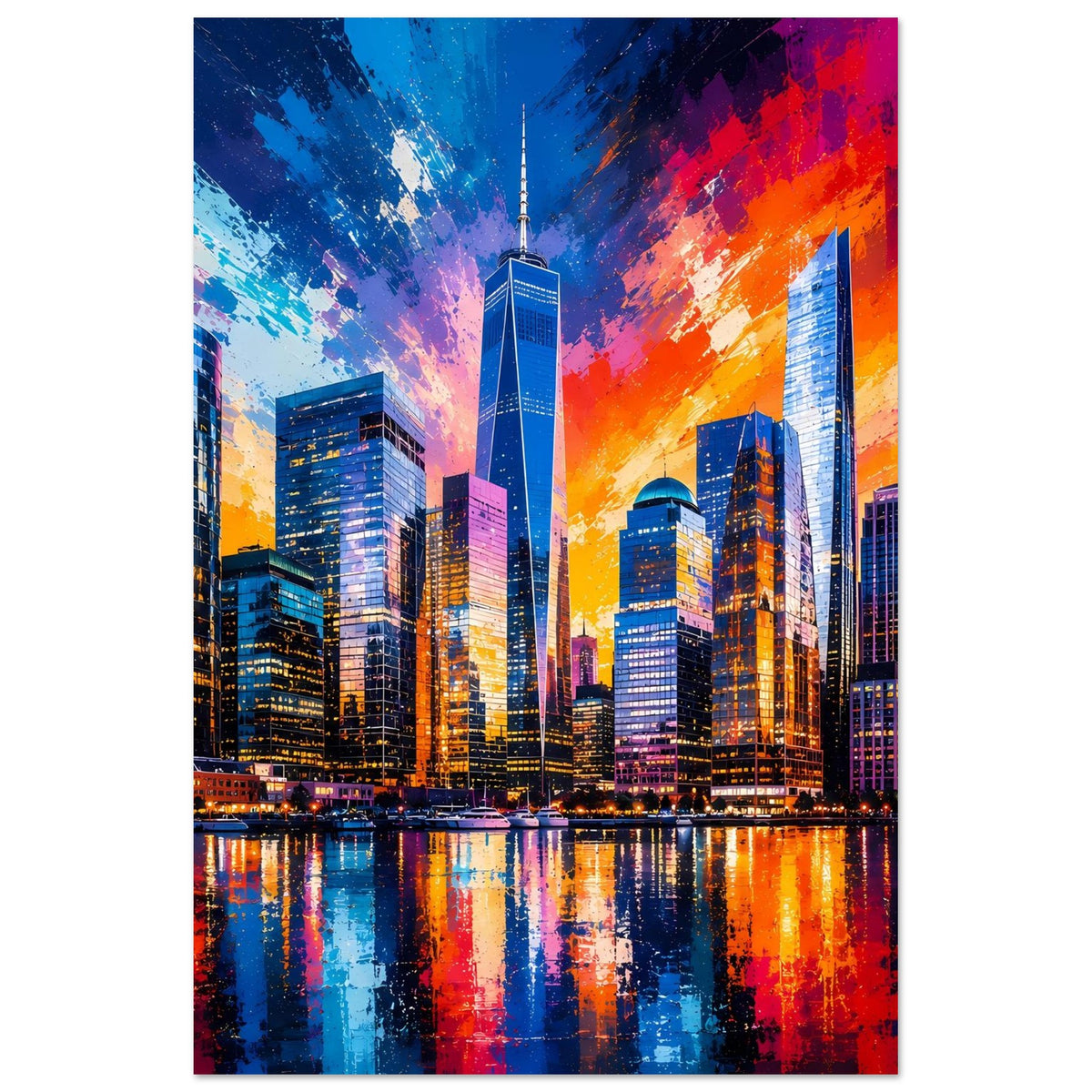 Hochformatiges Stadtposter mit zentralem Wolkenkratzer, buntem Himmel und spiegelnder Wasserlinie.