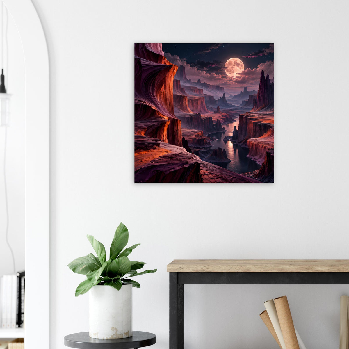 Quadratisches Landschaftsposter im schwarzen Rahmen: rote Felsen, Fluss und großer Mond am Himmel