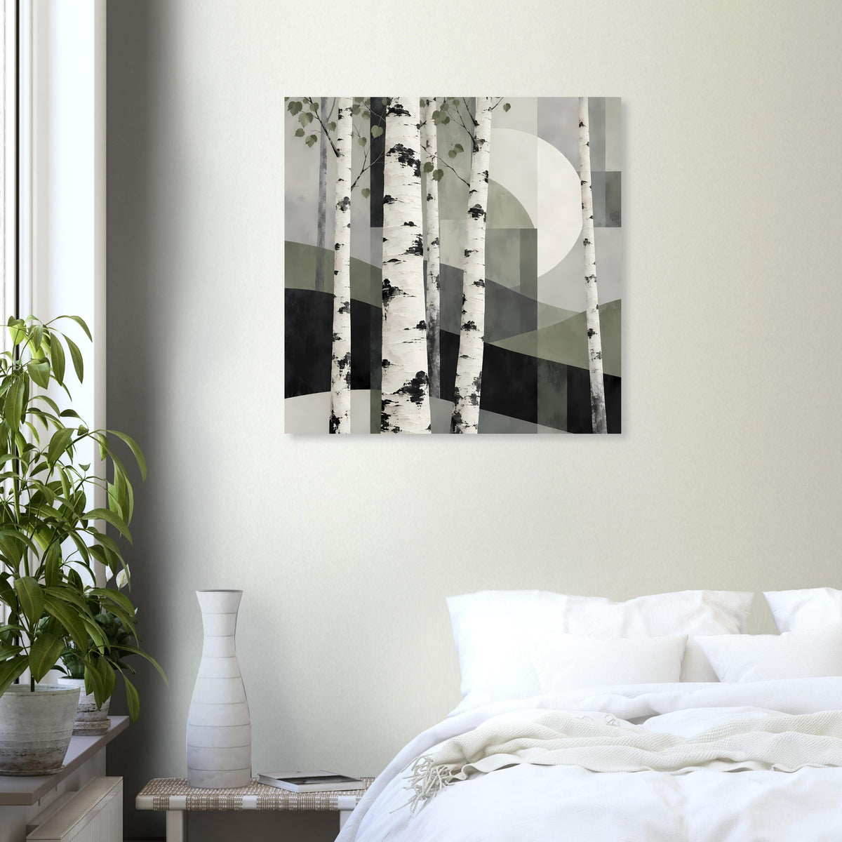 Naturposter im Hochformat mit Birkenwald-Illustration, Kreis-Form und sanften Erdtönen