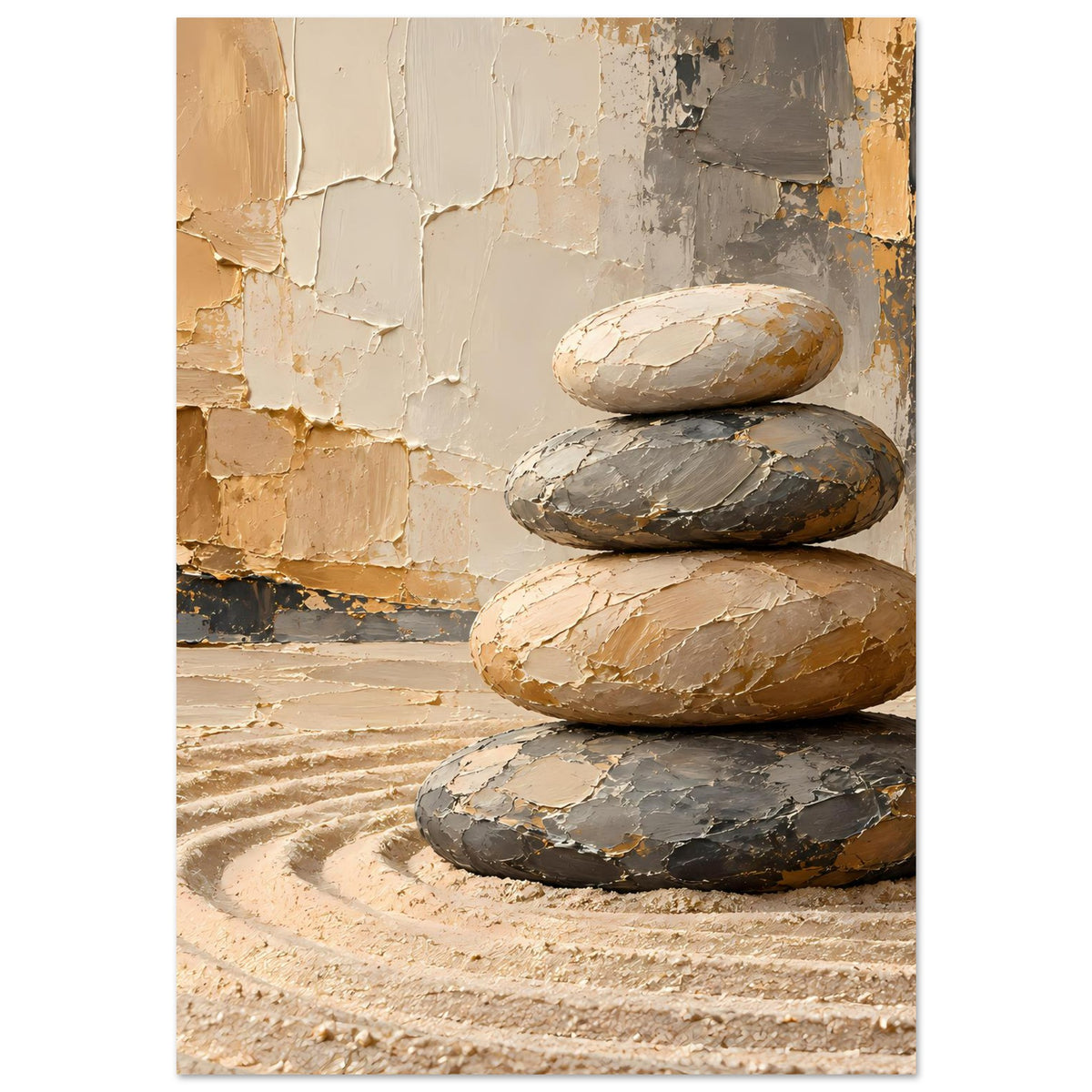 Kunstposter mit drei Steinen in Erdtönen, Sand mit geschwungenen Linien vor Mauerstruktur