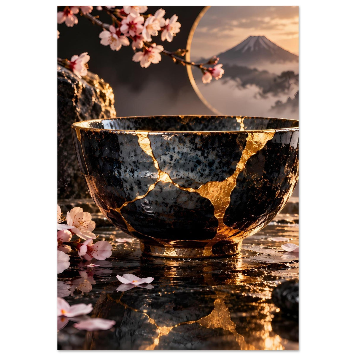 Kintsugi-Elegance-Poster (hochkant) mit goldenen Rissen in schwarzer Schale und Kirschblüten