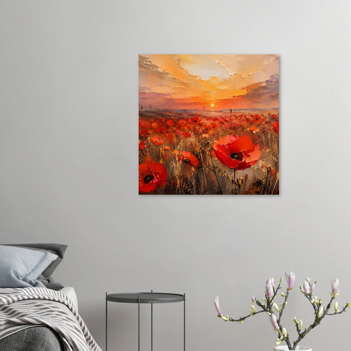 Kleines Poster mit rotem Mohnblumenfeld und orangefarbener Sonnenuntergangsszene