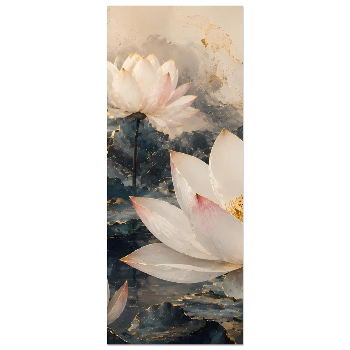 Vertikales Lotusblumen-Poster mit angeschnittener weißer Blüte und goldener Mitte im unteren Bereich