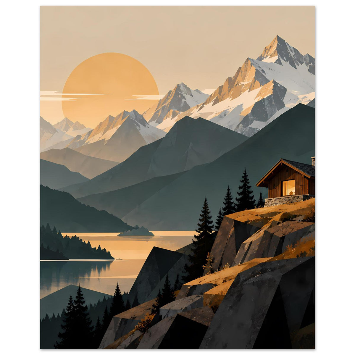 Poster mit Alpen-See-Landschaft: Bergmassiv, See, Tannenwald und Holzhaus am Hang.