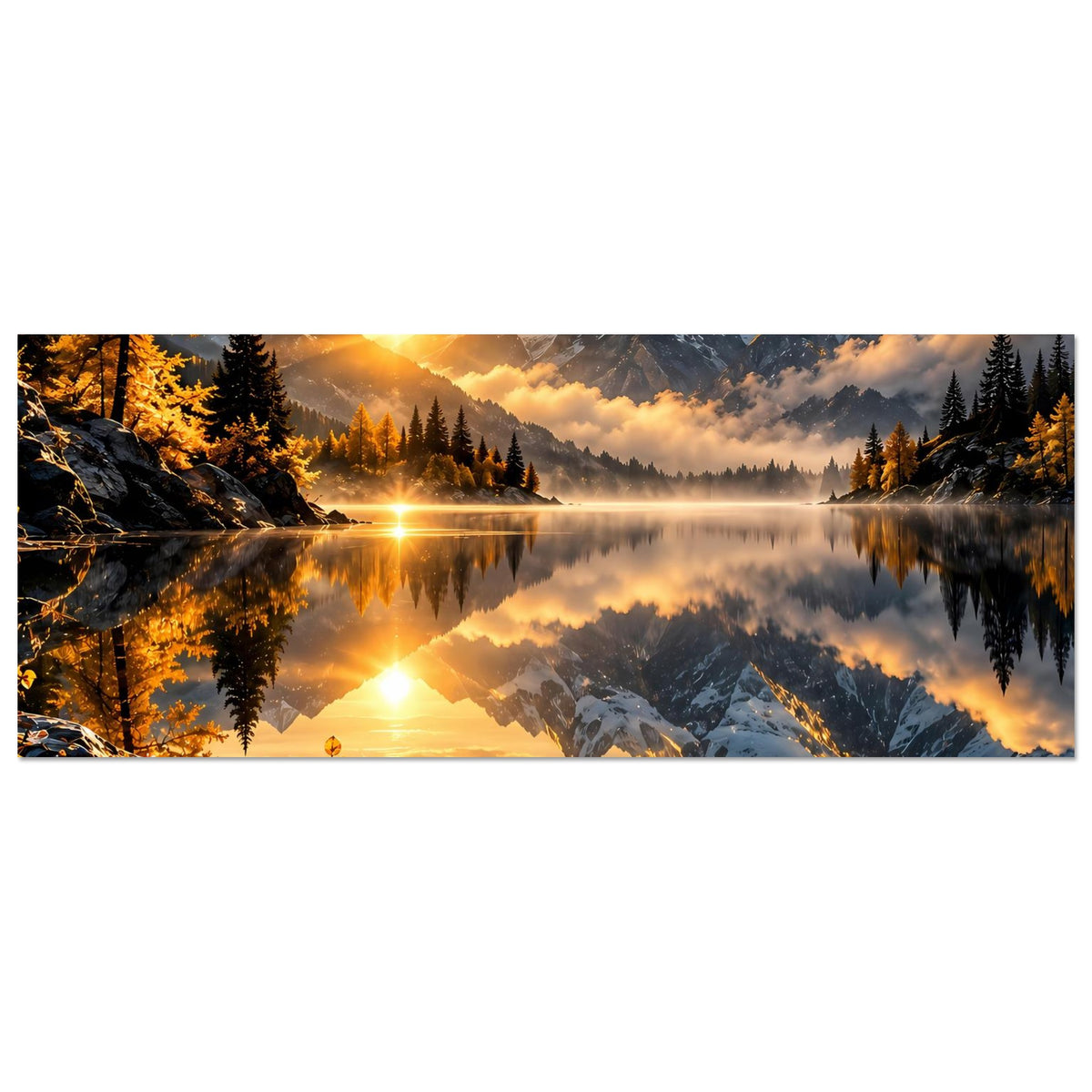 Horizontales Poster: Sonnenaufgang am Bergsee, spiegelnde Alpengipfel und Waldufer