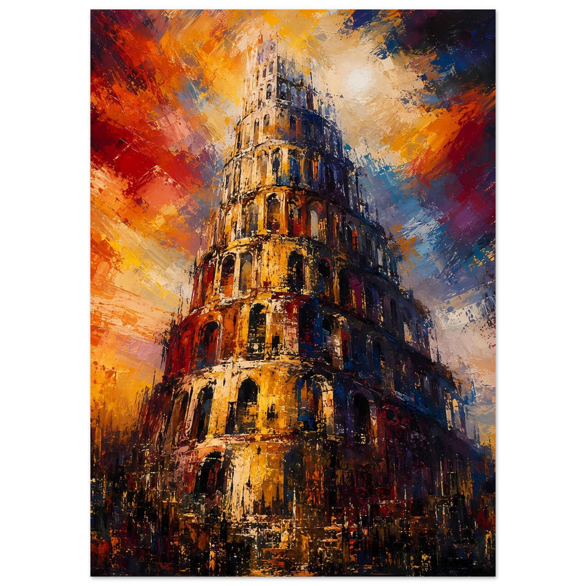 Vertikales Poster: abstrakter Babel-Turm mit leuchtend gelben Partien und Blauschattierung