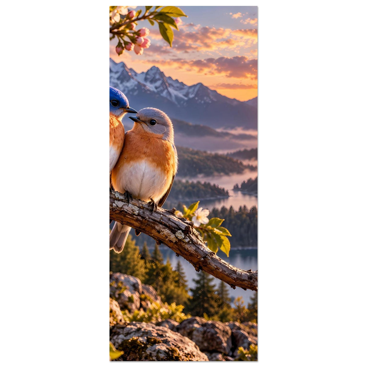 Hochkant-Poster, zwei Vögel auf Ast mit Blüten am Rand, Sonnenuntergang über See