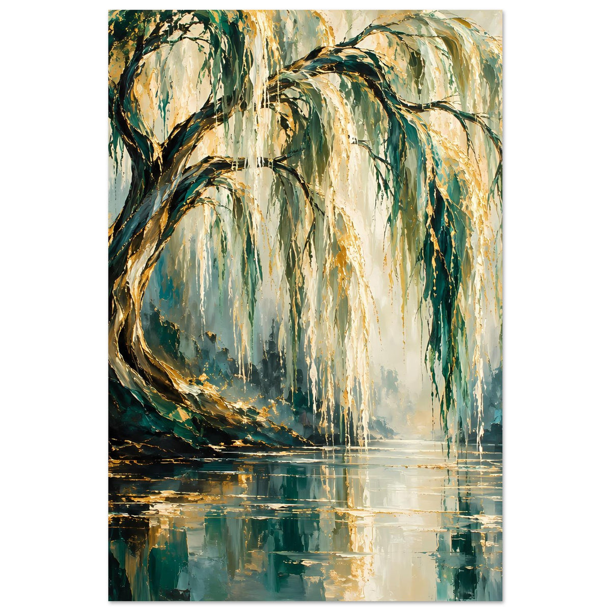 Poster mit Weidenbaum-Motiv: hängende Äste in Grün und Gold, gespiegelt im Wasser