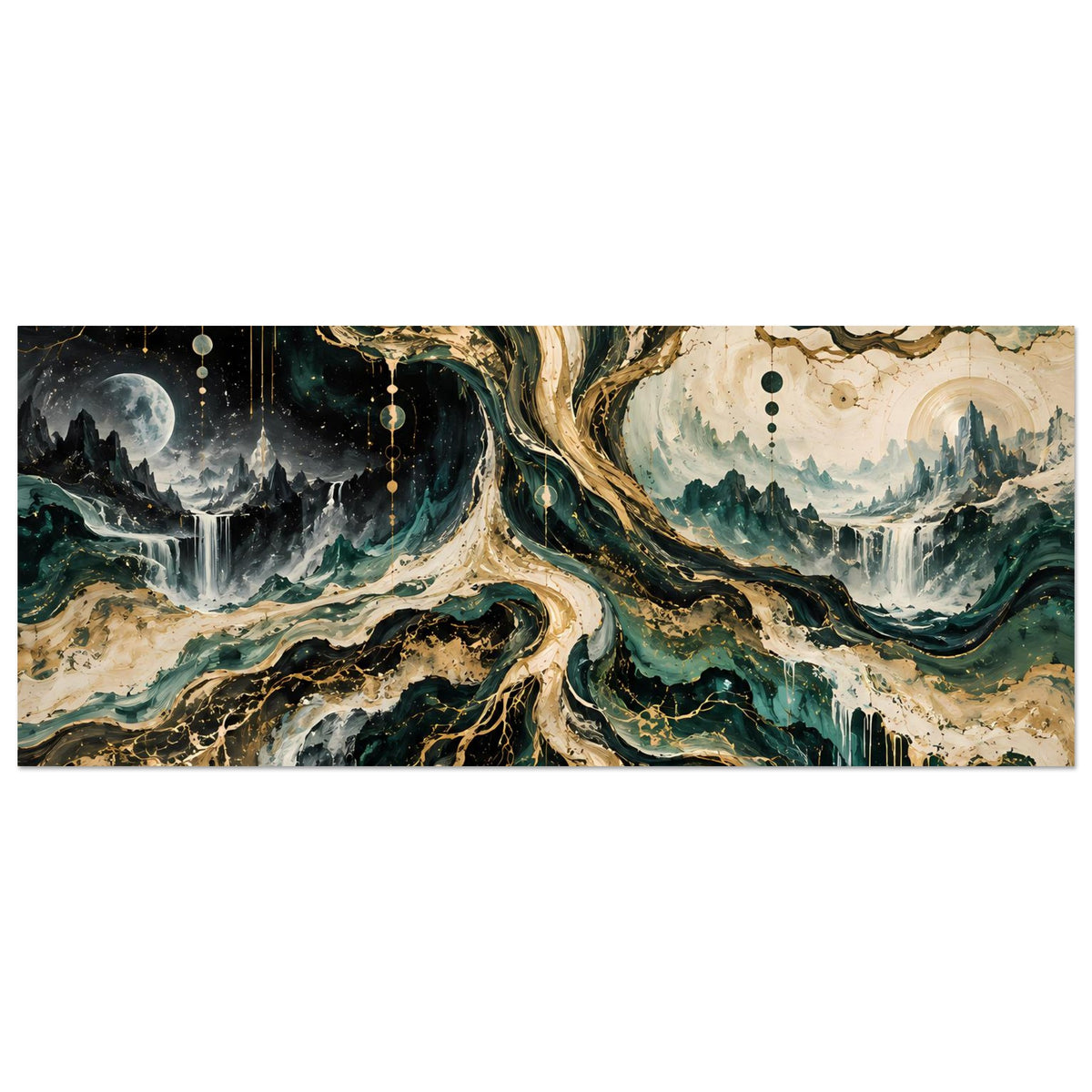 Breites Wandposter mit kosmischem Baum, Flusslandschaft, Monden und leuchtenden Symbolen