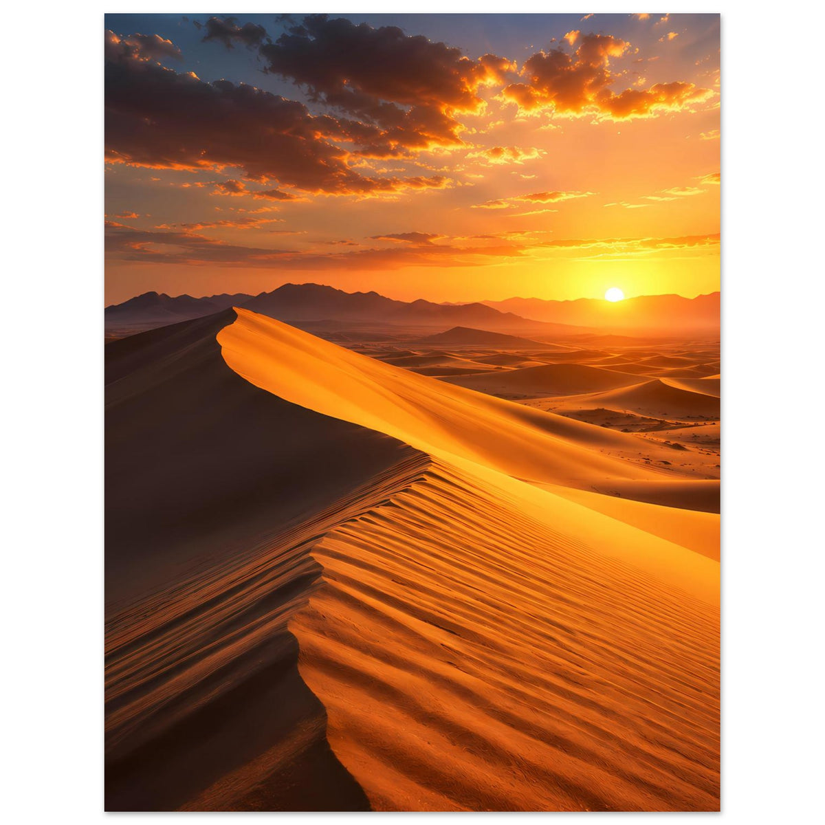 Poster mit Wüstenlandschaft und Sonnenuntergang, lange Dünenlinien im Vordergrund