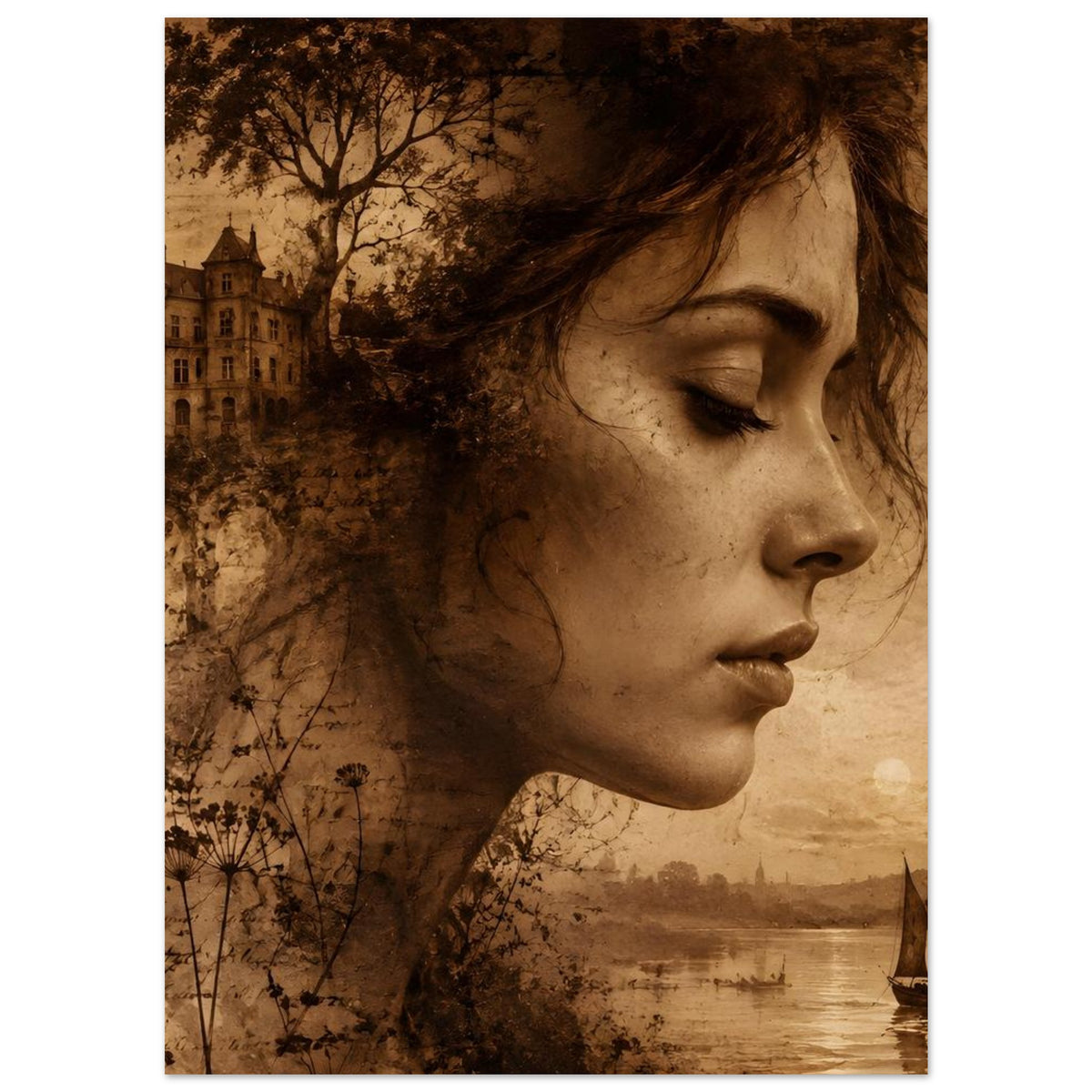 Sepia-Poster: Frauenprofil mit geschlossenen Augen, Pusteblumen und Stadt am Fluss