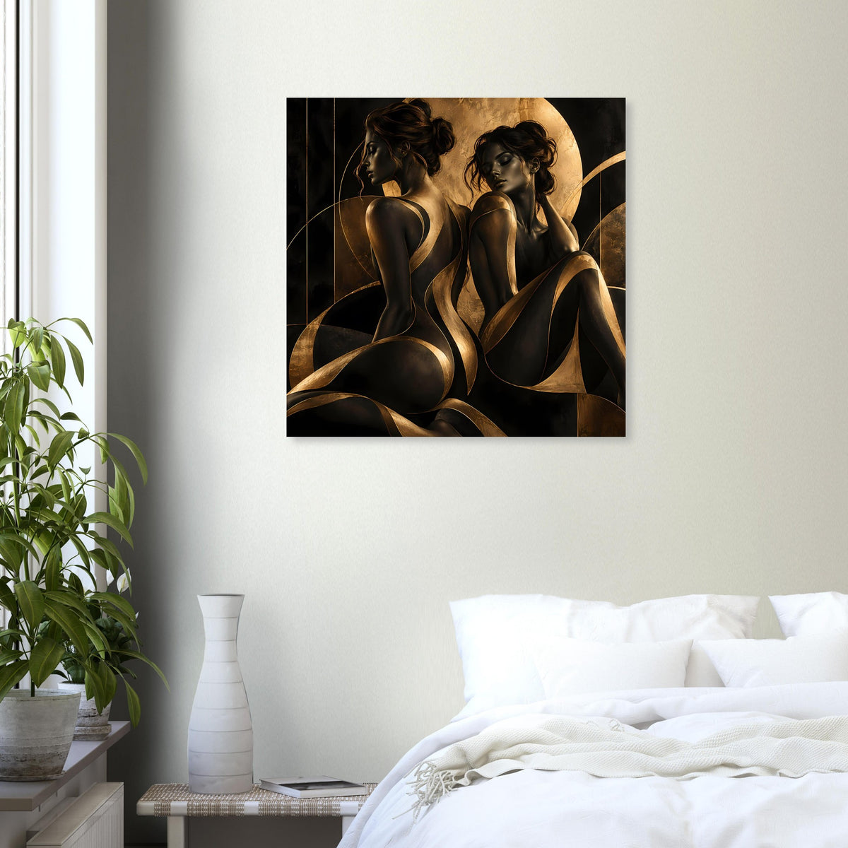 Quadratisches Kunstposter mit zwei Frauenakt-Silhouetten, Schwarz-Gold-Design