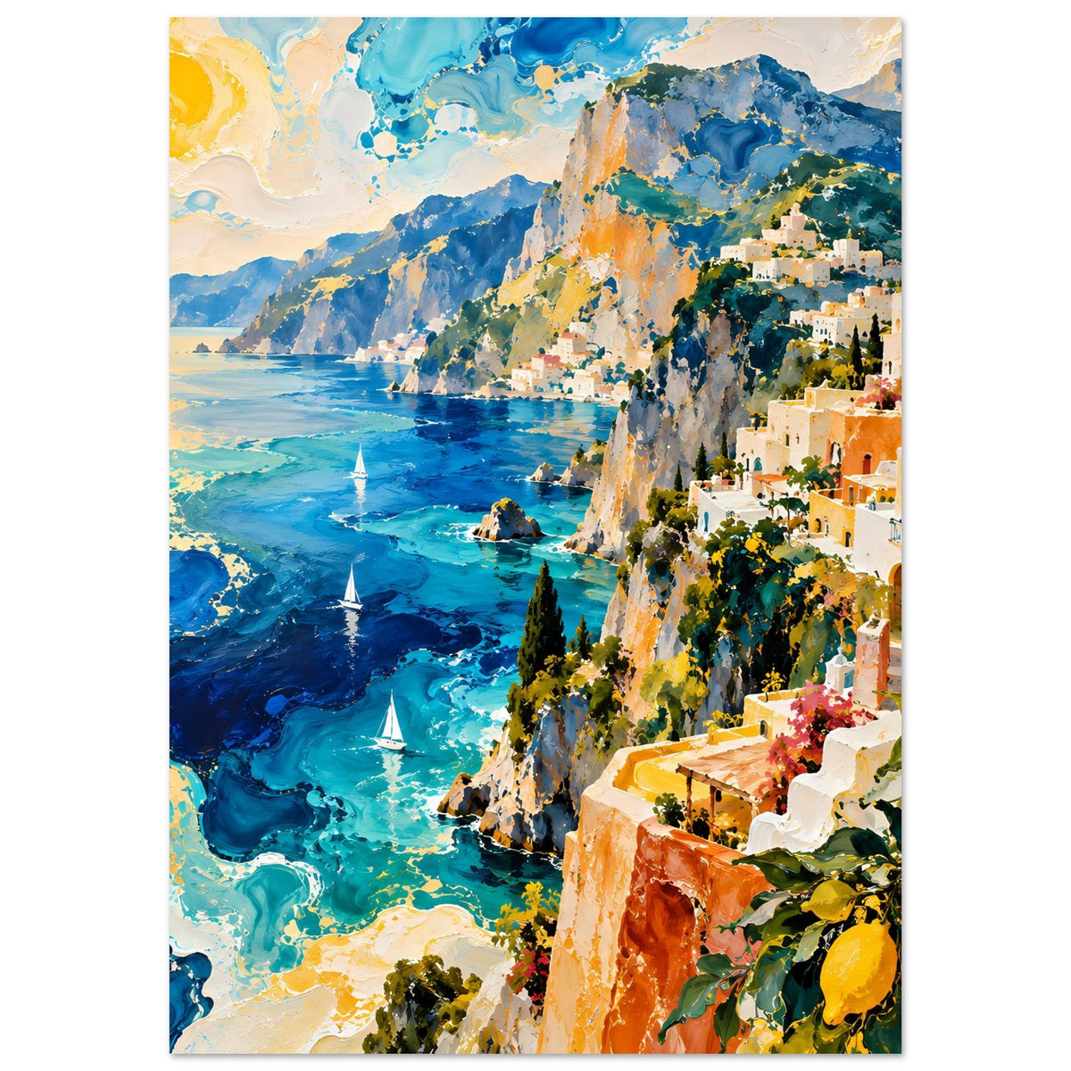 Vertikales Poster mit türkisblauem Meer, weißen Segelbooten und Küstenpromenade mit Orangefassaden
