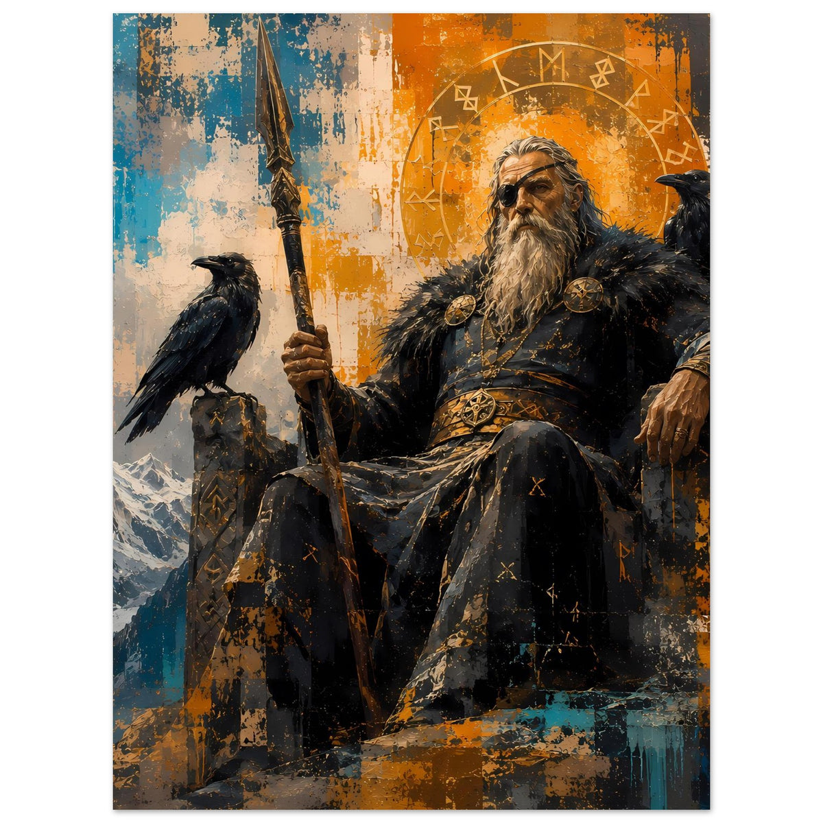 Norse-Gott Poster im Hochformat: bärtiger Krieger mit Speer, Rabe an der Seite, Rune-Kreis