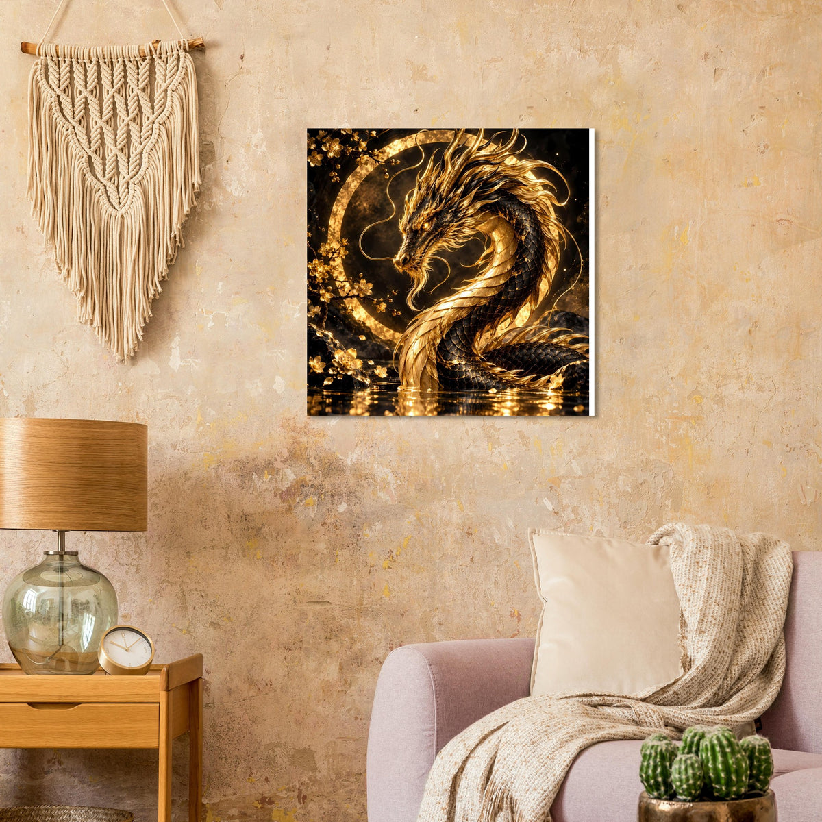 Poster mit goldenem Drachen im Kreis, fließende Konturen und Glitzereffekte, quadratisch
