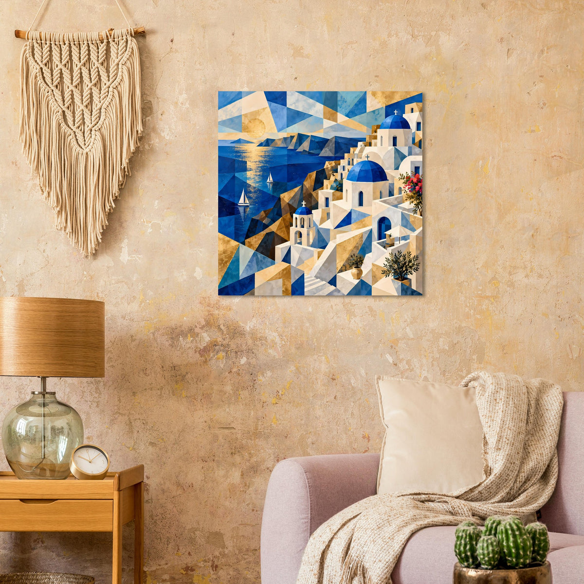 Geometrisches Poster mit blauem Meer, goldenen Flächen und weißem Bergdorf mit Kuppeln