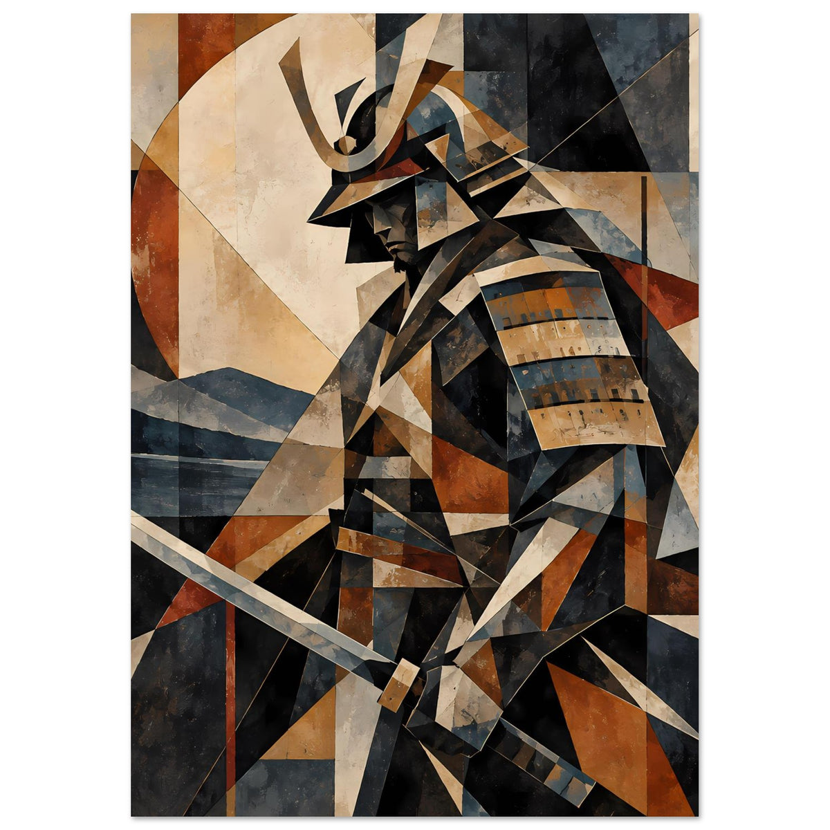 Poster mit geometrischem Samurai-Krieger, starke Kontraste in Dunkelblau, Schwarz und Braun