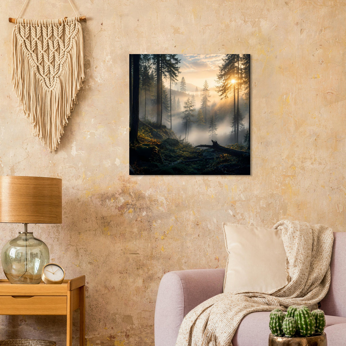 Quadratischer Kunstdruck mit mystischem Wald bei Sonnenaufgang, schwarz gerahmt