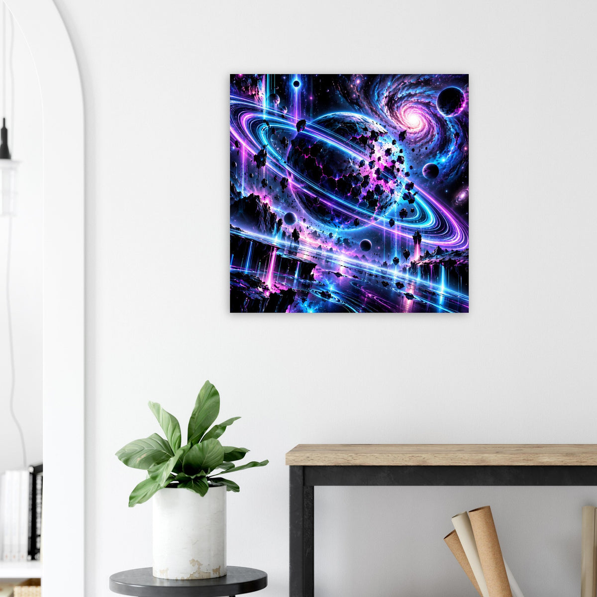 Quadratisches Poster mit kosmischem Portal, Neon-Tönen in Blau und Violett