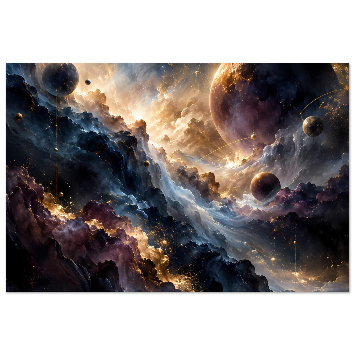Kunstposter mit Weltraum-Motiv: große Planeten, violette Nebel und goldene Sternenpunkte
