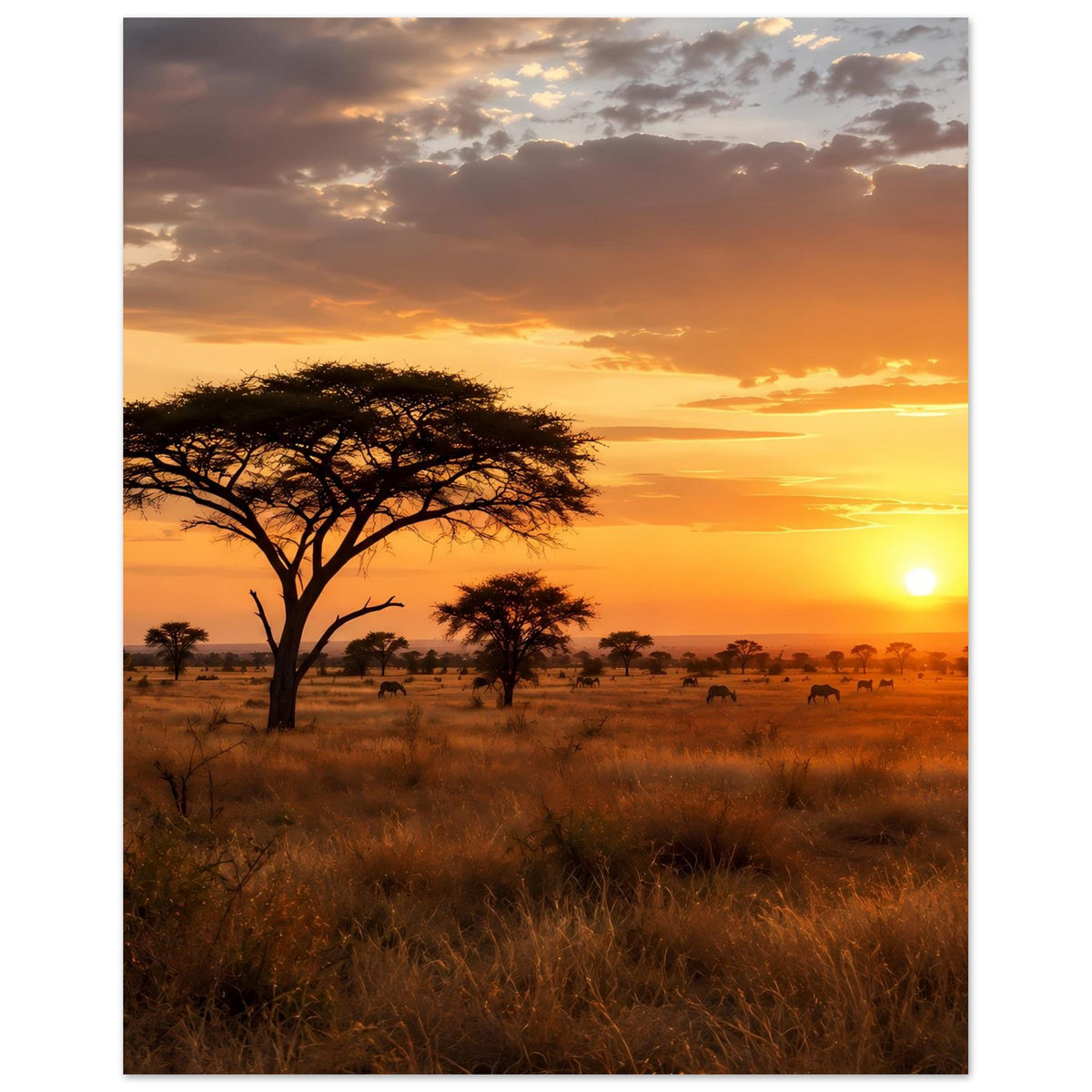 Savannenposter mit Akazienbaum und tief stehender Sonne, grasige Savanne mit Tieren