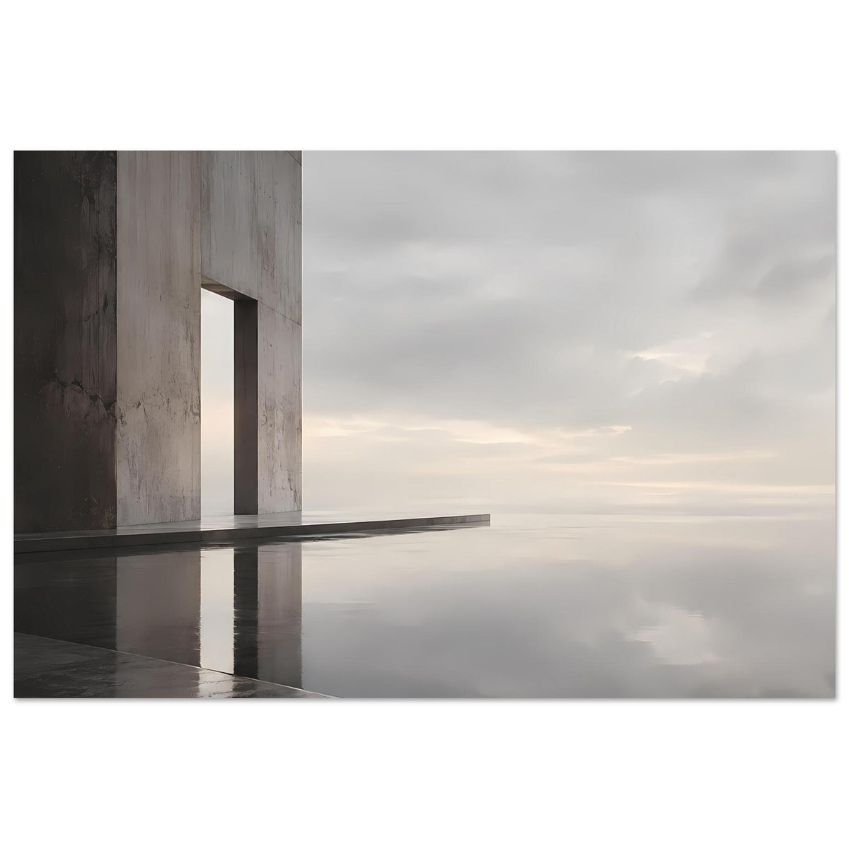 Architekturposter Querformat mit Betonsäulen, klarer Linie und Spiegelung auf Wasserfläche