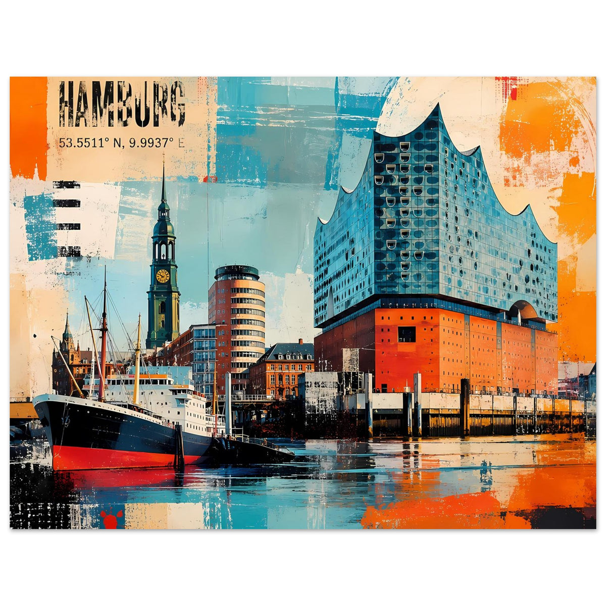 Horizontales Poster mit Elbphilharmonie und Hafen, türkis-orange, kräftige Kontraste