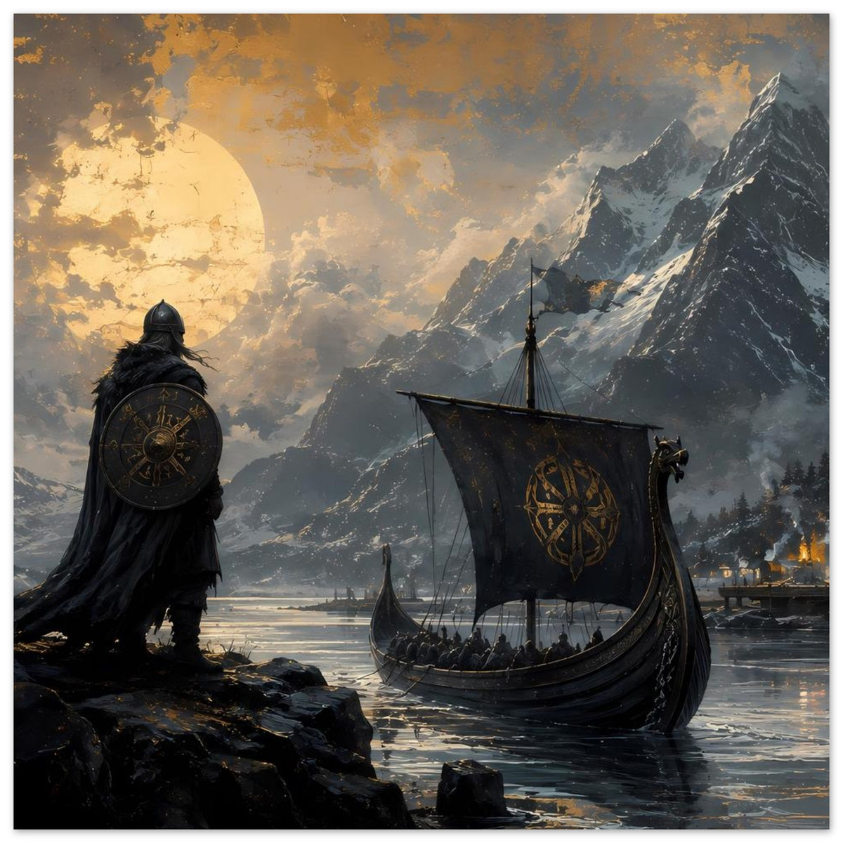 Poster mit Wikingerkrieger im Mantel, Schild und Drachenboot vor schroffen Bergen