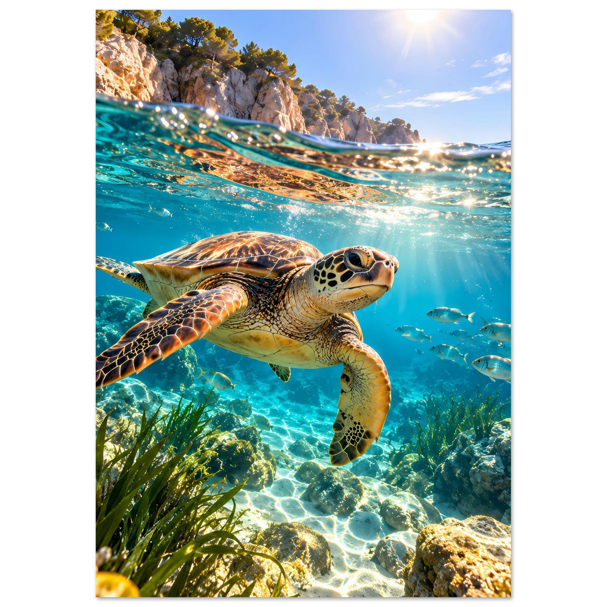 Hochformatiges Meeresschildkröten-Motiv im klaren Wasser mit Fischen und Korallen
