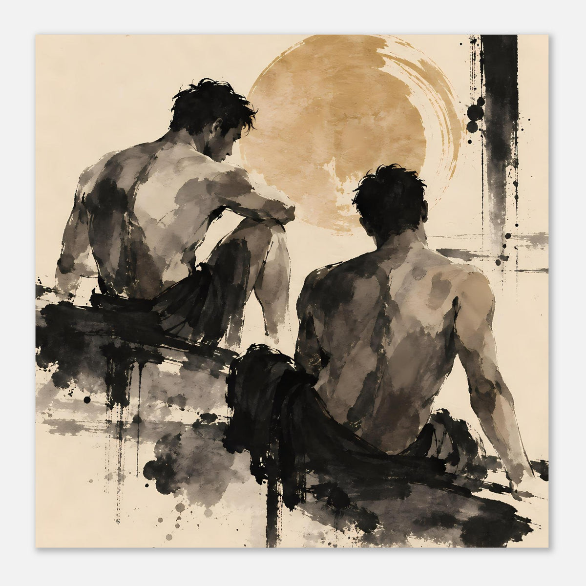 Kunstposter im Querformat: zwei Männer von hinten, Sepia-Hintergrund und schwarze Farbakzente