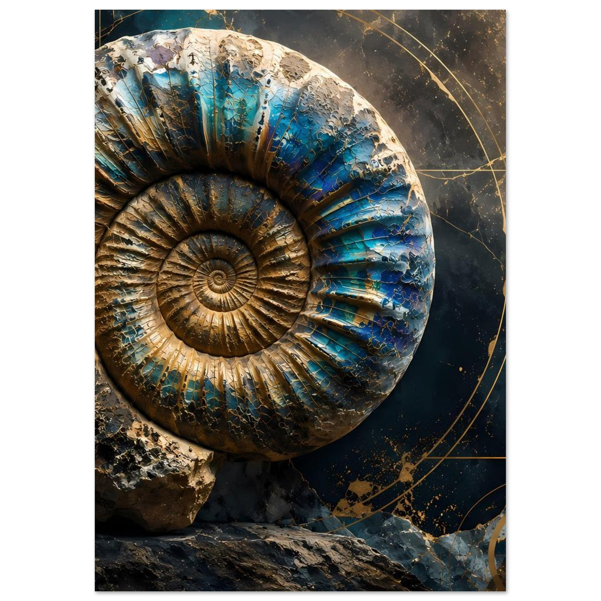 Kunstposter mit Ammonit-Fossil, petrolblaues Muster und goldfarbene Details